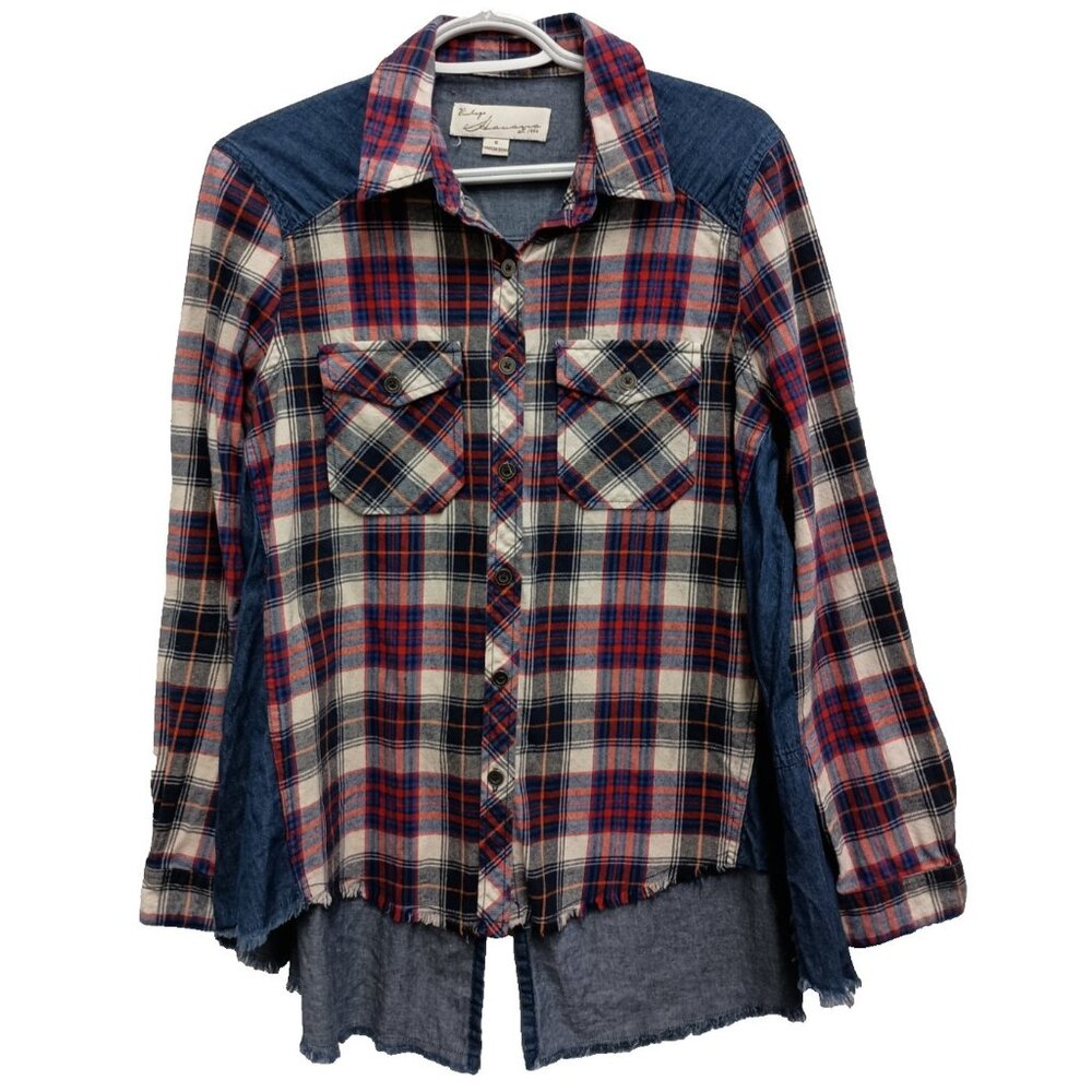 Vintage Havana BOHO Shirt Womens Small Plaid Flannel Chambray‎ Long Sleeve